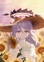 absurdres black_halo blue_archive blush breasts demon_girl demon_horns demon_wings flower halo hat highres hina_(blue_archive) horns long_hair looking_at_viewer moonlightcookie_(82715678) off_shoulder purple_eyes small_breasts standing straw_hat summer sunflower white_hair wings