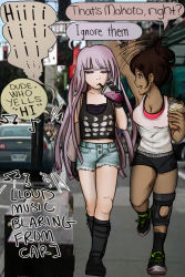 1boy 2girls ahoge alternate_costume artist_request asahina_aoi black_bra black_footwear black_shirt black_socks black_tank_top blue_shorts boots bra breasts brown_eyes brown_hair knee_boots kneehighs car city cityscape cleavage collarbone danganronpa:_trigger_happy_havoc danganronpa_(series) denim denim_shorts drink drinking drinking_straw drinking_straw_in_mouth ears english_text eyebrows full_body hand_up highres holding holding_drink kirigiri_kyoko knee_boots legs long_hair matching_hair/eyes medium_hair messy_hair moon moon_print motor_vehicle multiple_girls naegi_makoto nose open_mouth palms ponytail purple_eyes purple_hair ? red_sports_bra shirt shorts sleeveless socks sports_bra standing tank_top teeth torn_clothes torn_shorts underwear upper_teeth_only waving white_footwear white_shirt white_tank_top