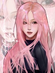 1girl aespa black_eyes cchimeii eyelashes giselle_(aespa) hair_between_eyes hashtag-only_commentary highres k-pop long_hair long_sleeves looking_to_the_side parted_lips pink_hair pink_lips real_life solo sparkle upper_body