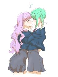 2girls after_kiss aqua_hair arm_around_back blue_jacket blunt_bangs blush braid collared_shirt commentary cowboy_shot dress dress_shirt green_eyes grey_dress half-closed_eyes heart highres jacket lone_nape_hair long_hair long_sleeves love_live! love_live!_superstar!! medium_hair multiple_girls neck_ribbon necosaghi onitsuka_tomari purple_hair red_eyes red_ribbon ribbon saliva saliva_trail school_uniform shirt side_braids simple_background standing twin_braids wavy_hair white_background white_shirt wien_margarete winter_uniform yuigaoka_school_uniform yuri