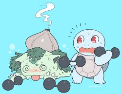 Rule 34 | @ @, alternate color, animal focus, blue background, blush, claws, dumbbell, exercising, full body, gen 1 pokemon, holding, holding dumbbell, ivysaur, nintendo, no humans, open mouth, player 2, pokemon, red eyes, signature, squirtle, super smash bros., sweat, tongue, tongue out, yasaikakiage