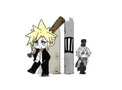 2boys 4sumi2iru aqua_eyes bag bandaid bandaid_on_cheek bandaid_on_face baseball_bat black_jacket black_pants blonde_hair blue_eyes blue_necktie cardigan chibi chibi_only cloud_strife cloud_strife_(midgard_seventh_high_school) collared_shirt delinquent dirty dirty_face final_fantasy final_fantasy_vii final_fantasy_vii_ever_crisis gakuran grey_hair grey_jacket hand_in_pocket holding holding_baseball_bat jacket male_focus multiple_boys necktie official_alternate_costume over_shoulder pants parted_bangs school_uniform sephiroth sephiroth_(ever_crisis) sephiroth_(shinra_private_academy) shirt short_hair shoulder_bag spiked_hair suit_jacket twitter_username weapon weapon_over_shoulder white_background white_shirt yellow_cardigan