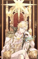 1boy ahoge aiguillette artist_name ascot bishounen blonde_hair blue_eyes cape closed_mouth crossed_legs cup drinking_glass elbow_rest epaulettes feet_out_of_frame glint gold_trim head_rest high_collar highres holding holding_cup jacket jewelry lars_rorschach lars_rorschach_(infinite_empire) long_sleeves looking_at_viewer lovebrush_chronicles male_focus pants shirt short_hair signature sitting smile solo throne white_ascot white_jacket white_pants xi_yuu