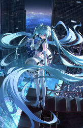 1girl absurdly_long_hair absurdres aqua_eyes aqua_hair bare_shoulders boots breasts cityscape cleavage cleavage_cutout closed_mouth clothing_cutout commentary costume_request elbow_gloves floating_hair full_body gloves goodsmile_racing hair_between_eyes hatsune_miku headphones high_heel_boots high_heels highres long_hair looking_at_viewer medium_breasts night on_roof solo standing thigh_boots turning_head very_long_hair vocaloid white_boots white_gloves xzu