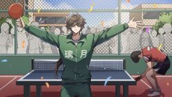 Rule 34 | 2024 summer olympics, 2boys, brown hair, closed mouth, genshin impact, gradient hair, green jacket, green pants, hair between eyes, highres, holding table tennis paddle, jacket, long hair, long sleeves, male focus, multicolored hair, multiple boys, olympics, paddle, pants, sunglasses, table tennis, table tennis paddle, track jacket, xinzhizhu, zhongli (genshin impact)