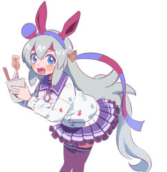 1girl animal_ears blue_eyes blush chopsticks cup fangs feet_out_of_frame grey_hair hairband highres holding holding_cup holding_skewer horse_ears horse_girl horse_tail jacket leaning_forward long_hair long_sleeves maid_headdress miniskirt nara_123 open_mouth purple_skirt purple_thighhighs school_uniform simple_background skewer skirt smile solo standing tail tamamo_cross_(umamusume) thighhighs tracen_school_uniform umamusume v-shaped_eyebrows white_background white_jacket