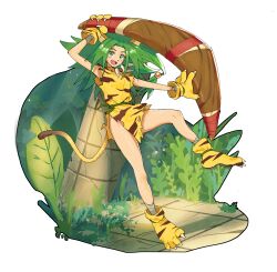 1girl animal_ears animal_hands bone_necklace boomerang cham_cham day fang full_body gloves green_eyes green_hair highres holding holding_weapon long_hair matheus_felipe outdoors paw_gloves samurai_spirits skin_fang sleeveless solo tail weapon yellow_gloves