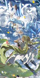 absurdres altaria armlet beak bird blue_eyes blue_feathers blue_hair blue_mittens blue_nails camouflage camouflage_legwear cape cloud cloud_hair crop_top detached_sleeves double_bun dragon feathers fluffy flygon flying flying_miku_(project_voltage) gen_3_pokemon gloves great_ball green_hair green_leggings green_wings ground_miku_(project_voltage) hair_between_eyes hair_bun hatsune_miku highres holding holding_poke_ball jewelry leggings long_hair mento mittens multicolored_hair multiple_persona nintendo orange_eyes poke_ball pokemon pokemon_(creature) project_voltage see-through_clothes see-through_shorts see-through_sleeves shorts shorts_under_shorts sky smile twintails very_long_hair vocaloid waist_poke_ball white_cape white_feathers white_gloves wind_chime wings