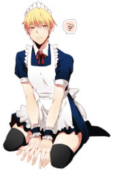 Rule 34 | 1boy, alternate costume, apron, back bow, black shoes, black thighhighs, black wrist cuffs, blonde hair, blue dress, bow, closed mouth, collared dress, crossdressing, dress, enmaided, eyelashes, frilled apron, frilled wrist cuffs, frills, frown, full body, hair between eyes, hands on ground, kise ryouta, kuroko no basuke, maid, maid headdress, male focus, neck ribbon, pleated dress, puffy short sleeves, puffy sleeves, red ribbon, ribbon, ryabu, shoes, short dress, short hair, short sleeves, simple background, sitting, solo, spoken squiggle, squiggle, thighhighs, unamused, wariza, white apron, white background, white bow, wrist cuffs, yellow eyes