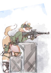 1girl airsoft_corgi_(yazawa_owl) animal_ear_fluff animal_ears ass breasts brown_hair dog dog_ears dog_girl dog_tail furry furry_female glasses gun highres large_breasts on_one_knee original rifle tactical_clothes tail weapon yazawa_owl