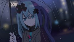1girl aqua_eyes aqua_hair aqua_nails batsu_miku closed_mouth commentary grey_jacket hair_between_eyes hair_ornament hatsune_miku highres holding holding_umbrella jacket kowareta_sekai_to_utaenai_miku long_hair long_sleeves night official_alternate_costume official_alternate_hairstyle project_sekai rain resist_(2826335) solo twintails umbrella very_long_hair vocaloid x_hair_ornament