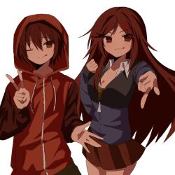 Rule 34 | 1boy, 1girl, blue jacket, breasts, brown eyes, brown hair, cleavage, closed mouth, collared shirt, cowboy shot, debakshotgun0, gwak jun-hyeong, hair ornament, hairclip, hand up, hood, hood up, hoodie, jacket, jeong ye-seul, long hair, long sleeves, looking at viewer, miniskirt, one eye closed, pants, partially unzipped, pleated skirt, red jacket, red skirt, shirt, short hair, siblings, simple background, skirt, smile, tongue, tongue out, v, white background, white shirt, x hair ornament, zipper, zombie high school