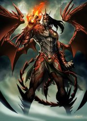 00s 1boy angra_mainyu black_hair colored_skin commentary demon_wings fate/stay_night fate_(series) fire genzoman grail_beast loincloth male_focus mythology red_skin solo spikes tail wings yellow_eyes