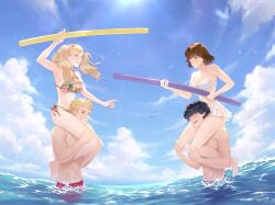 2boys 2girls absurdres amamiya_ren bikini blonde_hair blue_eyes breasts brown_hair carrying grin highres kibasen medium_breasts multicolored_bikini multiple_boys multiple_girls niijima_makoto official_alternate_costume partially_submerged persona persona_5 pool_noodle sakamoto_ryuuji sarcii shoulder_carry smile swimsuit takamaki_anne twintails water white_bikini