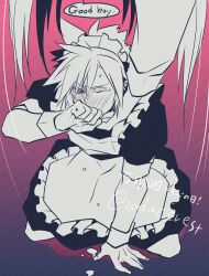 2boys aftersex alternate_costume apron black_dress blush covering_own_mouth crossdressing crossdressing_(mtf) cum cum_on_floor dress english_text enmaided final_fantasy final_fantasy_vii frilled_apron frills hand_on_another&#039;s_head highres kneeling long_hair maid maid_apron maid_headdress male_focus male_maid multiple_boys one_eye_closed pink_eyes puffy_sleeves rukashio short_hair spiked_hair sweatdrop tearing_up watermark white_apron yaoi