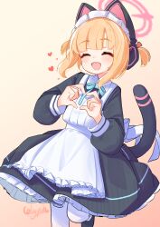 1girl absurdres animal_ear_headphones animal_ears apron black_dress black_shoes blue_archive blue_ribbon cat_tail closed_eyes dress fake_animal_ears fake_tail glyphsss halo headphones heart heart_hands highres long_sleeves maid_apron maid_headdress momoi_(blue_archive) momoi_(maid)_(blue_archive) official_alternate_costume open_mouth pantyhose pink_halo ribbon shoes signature solo standing standing_on_one_leg tail teeth upper_teeth_only white_pantyhose