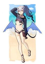 1girl beach bottle breasts dragon_tail dragon_wings fate/grand_order fate_(series) highres matemate778 melusine_(fate) melusine_(swimsuit_ruler)_(fate) open_mouth panties ponytail sandals small_breasts solo swimsuit tail underwear water_bottle white_hair wings