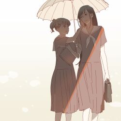 2girls 55bata6rou bag feet_out_of_frame fukuzawa_yumi handkerchief highres holding holding_bag holding_handkerchief holding_umbrella lillian_girls&#039;_academy_school_uniform long_hair looking_at_another maria-sama_ga_miteru multiple_girls ogasawara_sachiko one_eye_closed partially_colored pleated_skirt sailor_collar school_uniform serafuku shade short_hair short_sleeves skirt smile standing twintails umbrella wiping_face