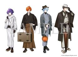 4boys :d adjusting_scarf ahoge arm_out_of_sleeve black_coat black_gloves black_hair black_hat black_kimono black_sash black_socks blue_hair brown_hakama center-flap_bangs closed_mouth closed_umbrella coat commentary_request copyright_notice covered_eyes crossed_bangs eyewear_strap fedora flipped_hair full_body gloves green_eyes grey_jacket grey_kimono hair_between_eyes hair_over_one_eye hakama hand_on_headwear hand_on_own_hip hat hat_over_eyes holding holding_lantern holding_suitcase holding_umbrella jacket japanese_clothes kimono kuronoa lantern lineup long_sleeves looking_at_viewer male_focus multiple_boys nichijo_gumi official_art oil-paper_umbrella open_clothes open_coat open_jacket open_mouth orange-tinted_eyewear orange_hair paper_lantern peinto_(nichijou_gumi) purple_eyes purple_hair round_eyewear sample_watermark sandals sash scarf short_hair simple_background sinigami_(nichijou_gumi) smile socks standing suitcase tabi tinted_eyewear torazo_(nichijou_gumi) trilby umbrella watermark white_background white_hat white_kimono white_scarf white_socks yellow_eyes yukko_(matakite_4kaku) zouri