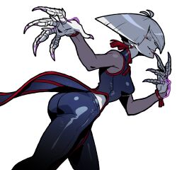 Rule 34 | 1girl, a.k.i. (street fighter), absurdres, ass, blue pants, chinese clothes, claw (weapon), claw ring, earrings, fake claws, highres, impossible hair, jewelry, looking at viewer, pale skin, pants, red lips, sach56000, scale print, simple background, solo, standing, street fighter, street fighter 6, tassel, tassel earrings, weapon, white background