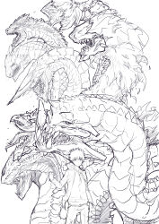 1boy absurdres angel_dragon_(toaru) clenched_hand closed_mouth commentary_request cowboy_shot dragon eastern_dragon extra_eyes greyscale hand_up highres hood hood_down hoodie horns imagine_breaker jacket julioalqae kamijou_touma lineart long_sleeves looking_at_viewer monochrome no_eyes one-eyed open_clothes open_jacket pants sharp_teeth short_hair simple_background spiked_hair teeth toaru_kagaku_no_railgun toaru_kagaku_no_railgun_t toaru_majutsu_no_index white_background