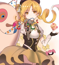 1girl absurdres aiming aiming_at_viewer beret black_goats blonde_hair charlotte_(madoka_magica) cupcake drill_hair fingerless_gloves food gloves gun hair_ornament hat highres long_hair looking_at_viewer magical_girl magical_musket mahou_shoujo_madoka_magica multicolored_eyes musket party_hat party_horn puffy_sleeves skirt smile streamers thighhighs tomoe_mami twin_drills twintails weapon yellow_eyes