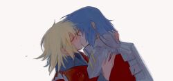 Rule 34 | 1boy, 1girl, athrun zala, blonde hair, blue hair, cagalli yula athha, closed eyes, couple, gundam, gundam seed, hetero, jacket, kiss, mecha pilot suit, profile, she (morianosu), short hair, simple background, upper body, white background