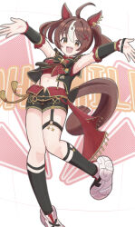 1girl :d ahoge animal_ears black_bow black_shorts black_socks black_vest blush bow breasts brown_eyes commentary_request ear_piercing frills gran_alegria_(umamusume) hair_between_eyes hair_intakes hair_ornament hairclip highres horse_ears horse_girl horse_tail looking_at_viewer medium_breasts multicolored_hair navel open_clothes open_mouth open_vest outstretched_arm piercing shoes short_shorts shorts smile socks solo standing standing_on_one_leg streaked_hair sunanuko_(ramuneko) suspender_shorts suspenders tail twintails umamusume vest white_background white_hair white_shoes x_hair_ornament