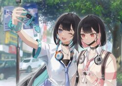 Rule 34 | 2girls, black choker, black hair, black survival, blue eyes, cardigan, choker, debi (after school) (black survival), debi (black survival), eternal return: black survival, green hair, grey skirt, highres, kota tsumi, long hair, marlene (after school) (black survival), marlene (black survival), medium hair, multicolored hair, multiple girls, open clothes, open shirt, pink hair, red eyes, school uniform, shirt, siblings, skirt, twins, two-tone hair, white shirt, yellow cardigan