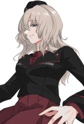 Rule 34 | black hat, black jacket, blue eyes, commentary request, cross, girls und panzer, grey hair, hat, highres, iron cross, itsumi erika, jacket, kuromorimine military uniform, long hair, long sleeves, looking at viewer, red shirt, red skirt, shirt, skirt, yaegashi isa