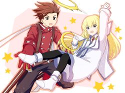 1boy 1girl black_leggings black_pants blonde_hair blue_eyes boots brown_eyes brown_hair chakram colette_brunel dress falling floating_hair gloves highres hzk882 jacket leggings lloyd_irving long_sleeves looking_at_another pants pantyhose red_boots red_gloves red_shirt shirt star_(symbol) suspenders tales_of_(series) tales_of_symphonia weapon white_background white_dress white_gloves white_jacket