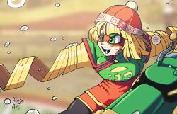 1girl alejo5599 arms_(game) beanie blonde_hair blurry blurry_background bob_cut dragon_(arms) eye_mask green_eyes hat highres leggings_under_shorts min_min_(arms) open_clothes orange_shirt orange_shorts ringed_eyes shirt short_hair shorts solo stretched_limb water_drop