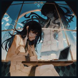 2girls ahoge arm_on_table belt belt_buckle bird black_hair black_necktie black_skirt black_wrist_cuffs blue_eyes blue_sky buckle buttons classroom clenched_teeth closed_mouth coat collared_coat collared_shirt computer cowboy_shot crest crossed_legs cup dated_commentary day desk dove dual_persona elbow_on_table expressionless floating_hair frustrated hair_between_eyes hand_on_own_cheek hand_on_own_face high_ponytail highres holding holding_pen indoors lapels laptop long_hair long_sleeves miniskirt mug multiple_girls necktie on_chair one_eye_closed original peaked_lapels pen pillar ponytail school_swimsuit shaded_face shirt sidelocks sitting siyu_guantou skirt sky standing swimsuit teeth thighhighs very_long_hair wavy_hair white_belt white_coat white_shirt white_thighhighs window wrist_cuffs writing zettai_ryouiki