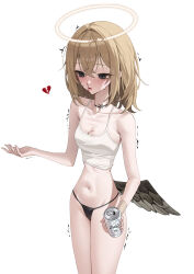 Rule 34 | 1girl, absurdres, black eyes, black panties, blonde hair, blood, breasts, broken halo, broken heart, camisole, can, fallen angel, hair between eyes, halo, heart, highres, holding, holding can, long hair, low wings, mansu (user pnmp4287), navel, neck tattoo, no pants, nosebleed, original, panties, single wing, small breasts, tattoo, trembling, underwear, white background, white camisole, wings