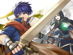 2boys black_hair blue_eyes blue_hair book cape commentary delsaber fire_emblem fire_emblem:_path_of_radiance headband holding holding_book holding_sword holding_weapon ike_(fire_emblem) long_hair male_focus multiple_boys nintendo open_mouth red_eyes short_hair soren_(fire_emblem) sword weapon