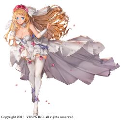 Rule 34 | 1girl, arm up, bare shoulders, blonde hair, blue eyes, breasts, bridal gauntlets, bridal veil, bride, cleavage, commentary, detached collar, dress, dress flower, floating clothes, floating hair, flower, frey (king&#039;s raid), full body, garter straps, hair flower, hair ornament, hand in own hair, high-low dress, high heels, hwansang jungdog, king&#039;s raid, large breasts, long hair, looking at viewer, off-shoulder dress, off shoulder, official alternate costume, official art, petals, pink flower, pink ribbon, purple ribbon, red flower, ribbon, shoes, short dress, simple background, smile, solo, thighhighs, veil, very long hair, wedding dress, white background, white dress, white flower, white shoes, white thighhighs, white veil, wind, wind lift