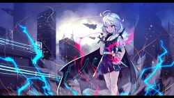 Rule 34 | 1girl, aura, banshiryuu, black cape, cape, commentary request, cross, electricity, grey eyes, grey hair, high collar, highres, holding, holding cross, muse (seihou), outdoors, puffy short sleeves, puffy sleeves, purple hair, purple vest, seihou, shirt, short sleeves, solo, standing, tamagokake candy, vest, white shirt