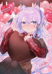 Rule 34 | 1girl, absurdres, animal ear fluff, animal ears, balloon, black pantyhose, blush, brown sweater, candy, cat ears, chocolate, chocolate heart, chocolate on face, ear piercing, extra ears, fang, floating, food, food on face, hair between eyes, heart, heart balloon, highres, holding, holding chocolate, holding food, indie virtual youtuber, jewelry, knees up, long hair, long sleeves, looking at viewer, open mouth, pantyhose, piercing, plaid, pointy ears, purple eyes, purple hair, red shirt, sample watermark, shirt, short sleeves, skin fang, solo, sweater, tail, usanta, valentine, virtual youtuber, watermark