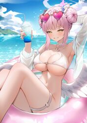 Rule 34 | 1girl, absurdres, alternate costume, alternate hairstyle, beach, bikini, blue archive, blush, breasts, cleavage, commentary request, cup, disposable cup, double bun, feathered wings, hair bun, halo, heart, heart-shaped eyewear, highres, holding, holding cup, large breasts, looking at viewer, low wings, mika (blue archive), navel, o-ring, o-ring thigh strap, ocean, on innertube, outdoors, pink-tinted eyewear, pink hair, pink halo, shuvi (shuvi1125), smile, solo, swimsuit, thigh strap, tinted eyewear, white bikini, white wings, wings, yellow eyes