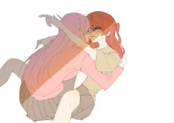 Rule 34 | 2girls, arms around neck, bab13081, between legs, blush, bocchi the rock!, commentary request, gotoh hitori, grey skirt, jacket, kita ikuyo, korean commentary, long hair, long sleeves, multiple girls, one side up, parted lips, pink hair, pink jacket, pleated skirt, red hair, shirt, short sleeves, simple background, skirt, white background, yellow shirt, yuri