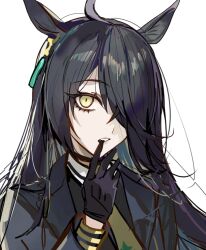 Rule 34 | 1girl, adjusting clothes, adjusting gloves, animal ears, biting, biting glove, black choker, black coat, black eyeliner, black eyeshadow, black gloves, choker, coat, ear tag, earrings, eyeliner, eyeshadow, gloves, hair over one eye, hand up, horse ears, horse girl, jewelry, kanniiepan, long bangs, long hair, makeup, manhattan cafe (umamusume), open clothes, open coat, single earring, solo, umamusume, very long hair, yellow eyes