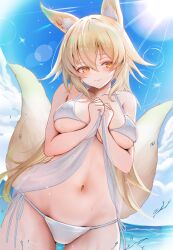 1girl absurdres animal_ear_fluff animal_ears bikini blonde_hair blush breasts commission day fox_ears fox_girl fox_tail hair_between_eyes highres large_breasts long_hair looking_at_viewer multiple_tails original outdoors skeb_commission smile solo suirin_(tukikagerou) swimsuit tail tk@illustration white_bikini yellow_eyes