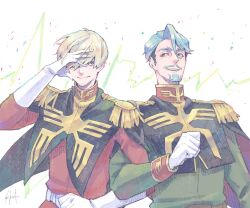 Rule 34 | 2boys, beard, blonde hair, blue eyes, challia bull, char aznable, epaulettes, facial hair, gloves, green eyes, green hair, gundam, gundam gquuuuuux, hair over one eye, high collar, jacket, locked arms, long sleeves, looking at another, male focus, military jacket, military uniform, multiple boys, mustache, open mouth, red jacket, short hair, smile, upper body, white background, yebisu07