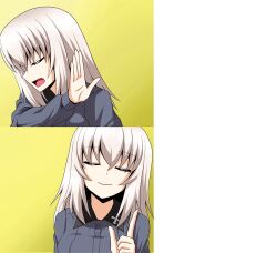 Rule 34 | 1girl, closed eyes, closed mouth, cropped torso, drakeposting (meme), dress shirt, facing viewer, girls und panzer, grey hair, grey shirt, index finger raised, itsumi erika, kamishima kanon, kuromorimine school uniform, long hair, long sleeves, meme, no (gesture), school uniform, shirt, solo, template, wing collar
