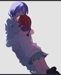 1boy 1girl amate_yuzuriha aqua_eyes artist_name azrshponpon blue_hair closed_eyes commentary gloves grey_background gundam gundam_gquuuuuux hetero hug long_sleeves red_hair school_uniform shirt short_hair shuji_ito simple_background skirt sweatdrop sweater tearing_up twitter_username white_shirt