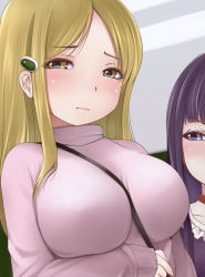 10s 2girls between_breasts blonde_hair blush breast_envy breasts brown_eyes closed_mouth hair_ornament hairclip hidaka_koharu high_score_girl kozue_akari large_breasts long_hair long_sleeves looking_at_another looking_at_breasts looking_at_viewer multiple_girls oono_akira pink_sweater purple_eyes purple_hair sleeves_past_wrists strap_between_breasts sweater turtleneck turtleneck_sweater upper_body v-shaped_eyebrows