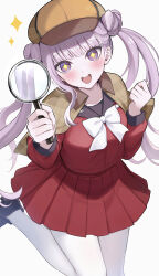 1girl deerstalker female_focus hands_up hat highres holding holding_magnifying_glass long_hair long_sleeves magnifying_glass one_leg_raised open_mouth pink_eyes pink_hair pleated_skirt red_skirt simple_background skirt solo solo_focus standing standing_on_one_leg teeth the_hundred_line_-last_defense_academy- tongue tsukumo_kako twintails upper_teeth_only white_background