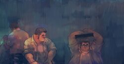 Rule 34 | 3boys, absurdres, arms up, bag, bara, collared shirt, covering head, dark, denim, fat, fat man, glasses, handbag, highres, jeans, koto (32456033), long sideburns, looking at another, looking to the side, male focus, multiple boys, original, pants, pectorals, profile, rain, shirt, short hair, sideburns, sleeves rolled up, standing, upper body, yaoi