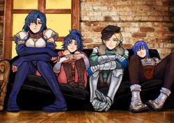 Rule 34 | 4girls, armor, armored dress, black hat, blonde hair, blue eyes, blue hair, caeda (fire emblem), catria (fire emblem), commentary, couch, dress, english commentary, female kris (fire emblem), fire emblem, fire emblem: mystery of the emblem, fire emblem: new mystery of the emblem, fire emblem: three houses, fire emblem heroes, green eyes, hat, highres, indoors, ingrid brandl galatea, ingrid brandl galatea (timeskip), interlocked fingers, looking at viewer, multiple girls, newsboy cap, nintendo, official alternate costume, pauldrons, red dress, sethkiel, short hair, shoulder armor, sitting, smile, window