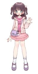 1girl bag blue_eyes blush_stickers clothes_writing full_body hair_ornament hand_up highres hood hooded_jacket jacket layered_skirt looking_at_viewer medium_hair miniskirt open_mouth original oyasumi_guu_guu pink_jacket pink_shirt pink_skirt pom_pom_(clothes) pom_pom_hair_ornament purple_bag purple_hair purple_shoes shirt shoes shoulder_bag simple_background single_blush_sticker skirt smile socks solo standing two_side_up white_background white_socks